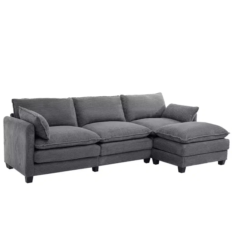 Corduroy L-Shaped Sectional Sofa, 3-Seater Couch with Movable Ottoman, Modular Living Room Furniture for Apartments