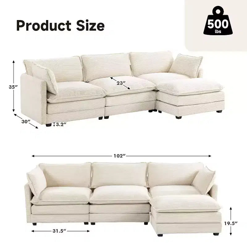 Corduroy L-Shaped Sectional Sofa, 3-Seater Couch with Movable Ottoman, Modular Living Room Furniture for Apartments