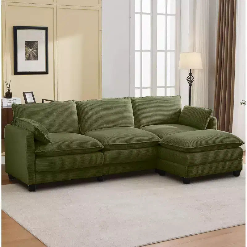 Corduroy L-Shaped Sectional Sofa, 3-Seater Couch with Movable Ottoman, Modular Living Room Furniture for Apartments