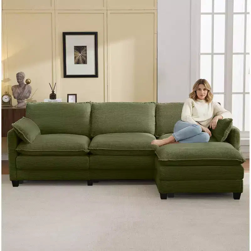 Corduroy L-Shaped Sectional Sofa, 3-Seater Couch with Movable Ottoman, Modular Living Room Furniture for Apartments