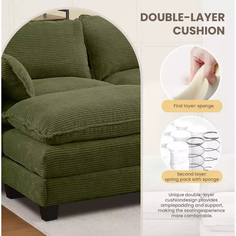Corduroy L-Shaped Sectional Sofa, 3-Seater Couch with Movable Ottoman, Modular Living Room Furniture for Apartments
