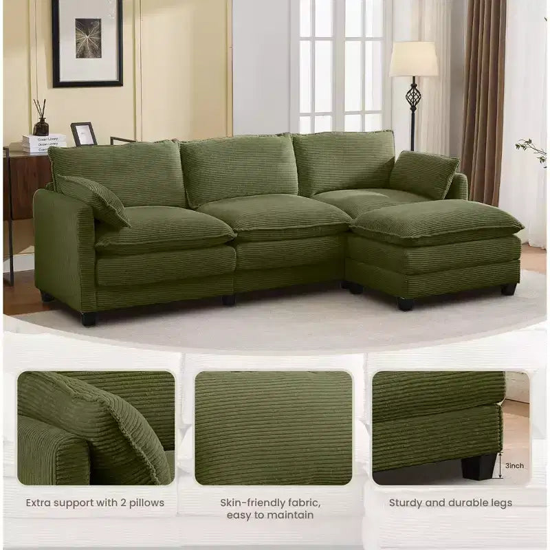 Corduroy L-Shaped Sectional Sofa, 3-Seater Couch with Movable Ottoman, Modular Living Room Furniture for Apartments