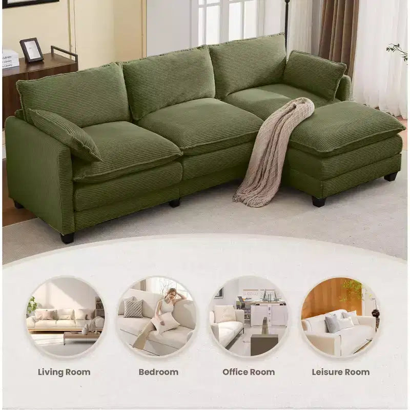 Corduroy L-Shaped Sectional Sofa, 3-Seater Couch with Movable Ottoman, Modular Living Room Furniture for Apartments