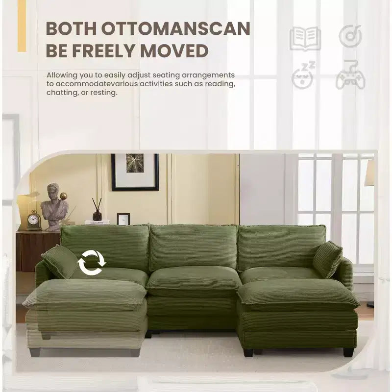 Corduroy L-Shaped Sectional Sofa, 3-Seater Couch with Movable Ottoman, Modular Living Room Furniture for Apartments