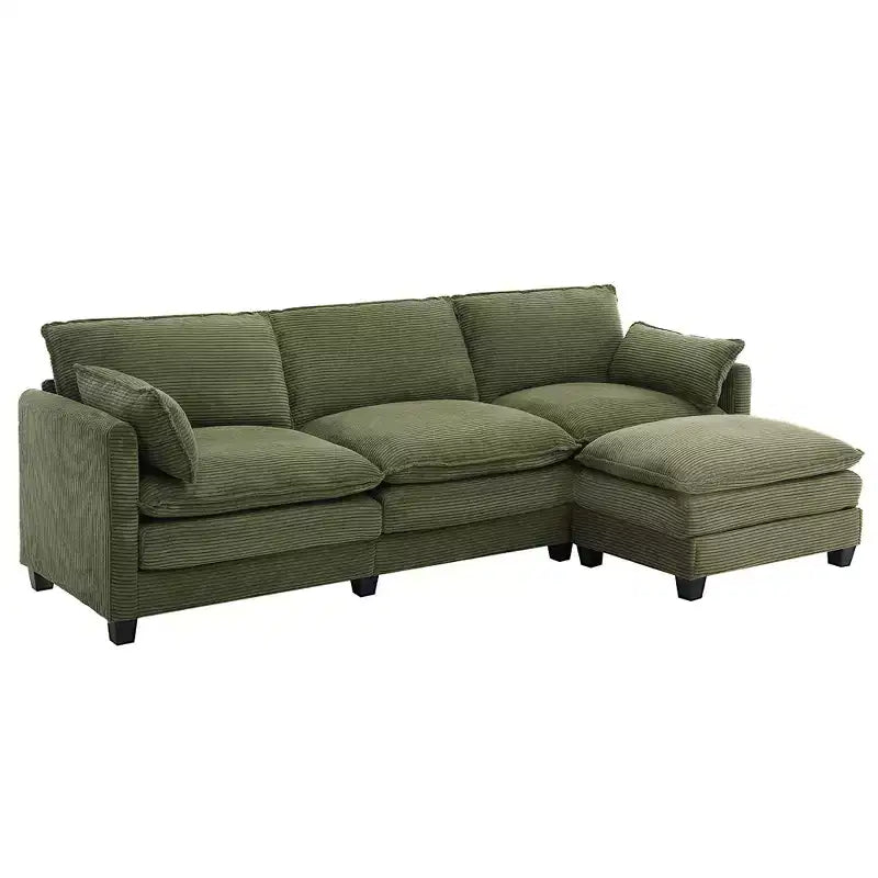 Corduroy L-Shaped Sectional Sofa, 3-Seater Couch with Movable Ottoman, Modular Living Room Furniture for Apartments