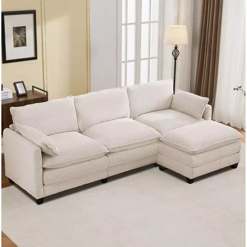 Corduroy L-Shaped Sectional Sofa, 3-Seater Couch with Movable Ottoman, Modular Living Room Furniture for Apartments