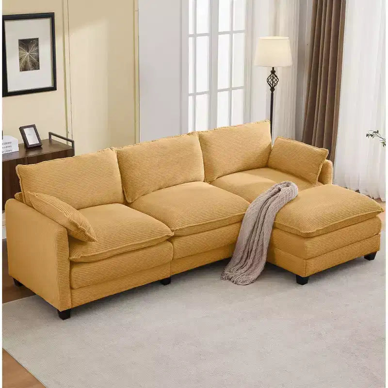 Corduroy L-Shaped Sectional Sofa, 3-Seater Couch with Movable Ottoman, Modular Living Room Furniture for Apartments