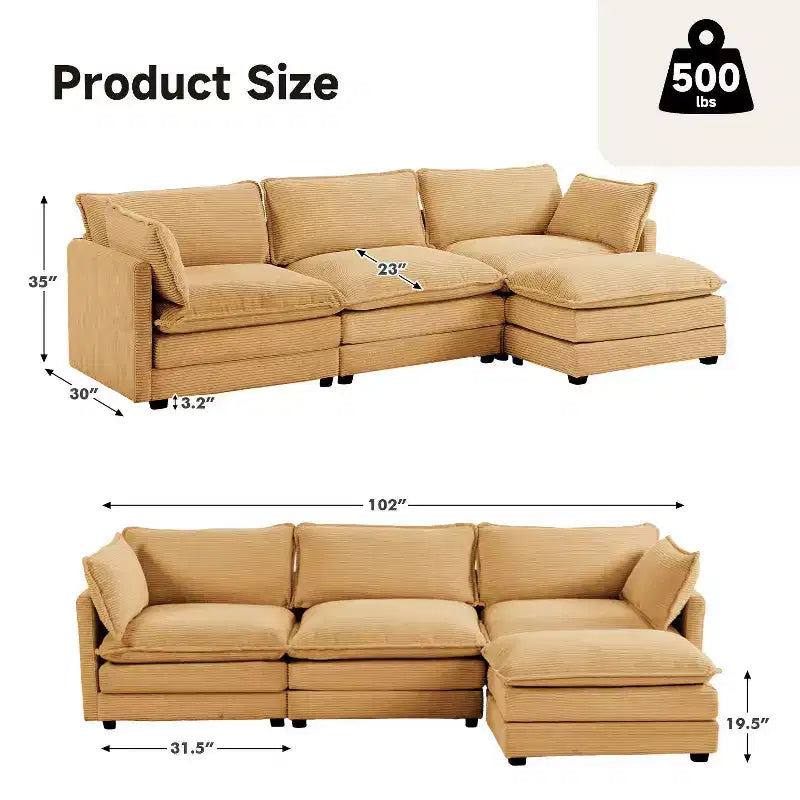 Corduroy L-Shaped Sectional Sofa, 3-Seater Couch with Movable Ottoman, Modular Living Room Furniture for Apartments