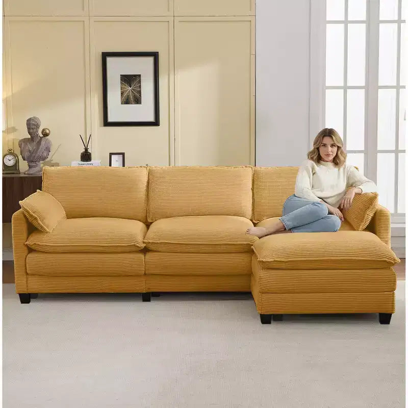 Corduroy L-Shaped Sectional Sofa, 3-Seater Couch with Movable Ottoman, Modular Living Room Furniture for Apartments