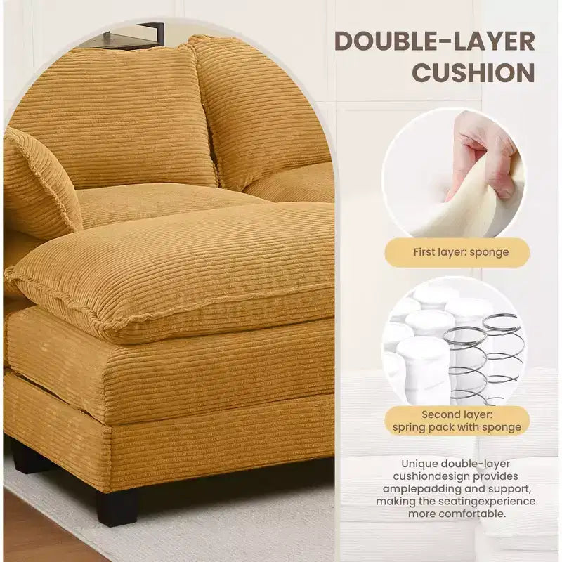 Corduroy L-Shaped Sectional Sofa, 3-Seater Couch with Movable Ottoman, Modular Living Room Furniture for Apartments