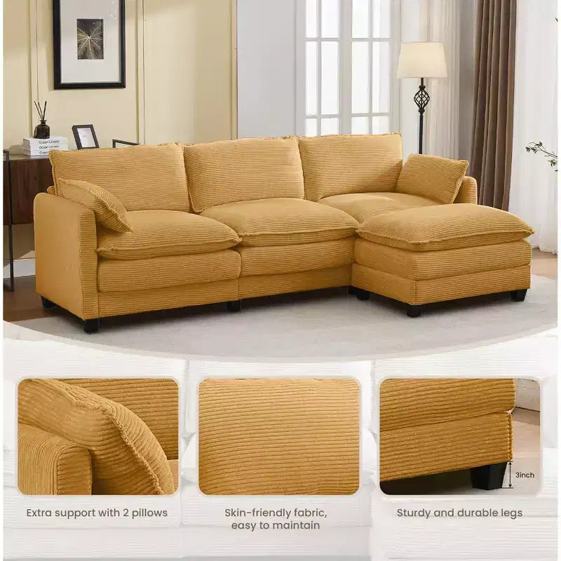 Corduroy L-Shaped Sectional Sofa, 3-Seater Couch with Movable Ottoman, Modular Living Room Furniture for Apartments