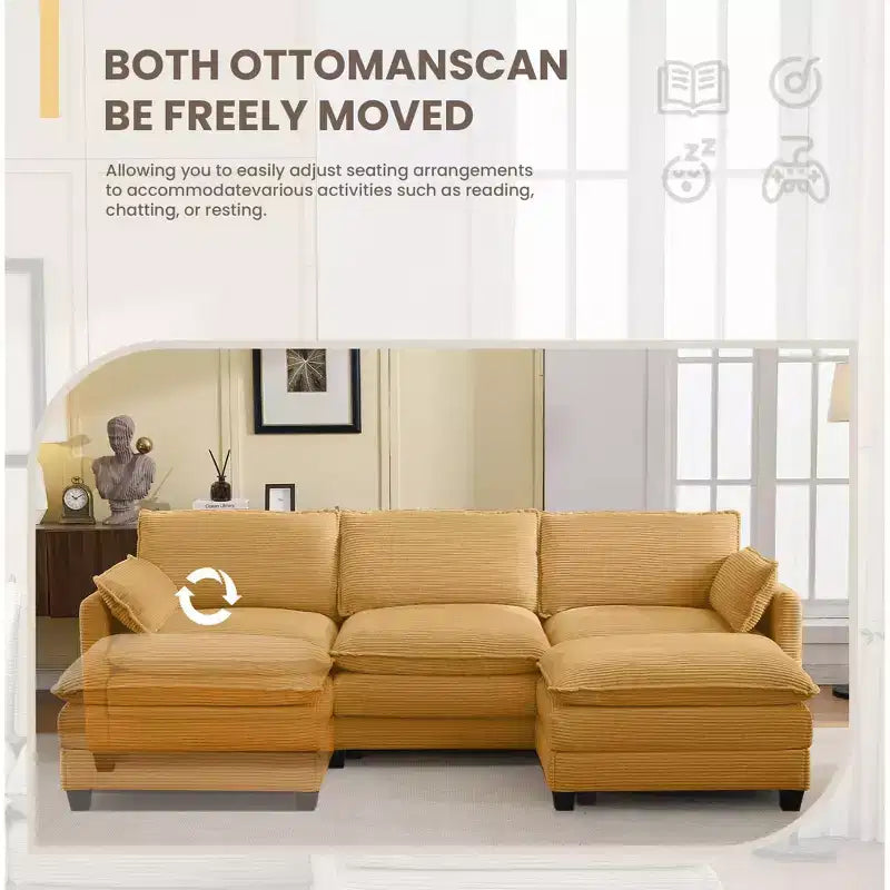 Corduroy L-Shaped Sectional Sofa, 3-Seater Couch with Movable Ottoman, Modular Living Room Furniture for Apartments