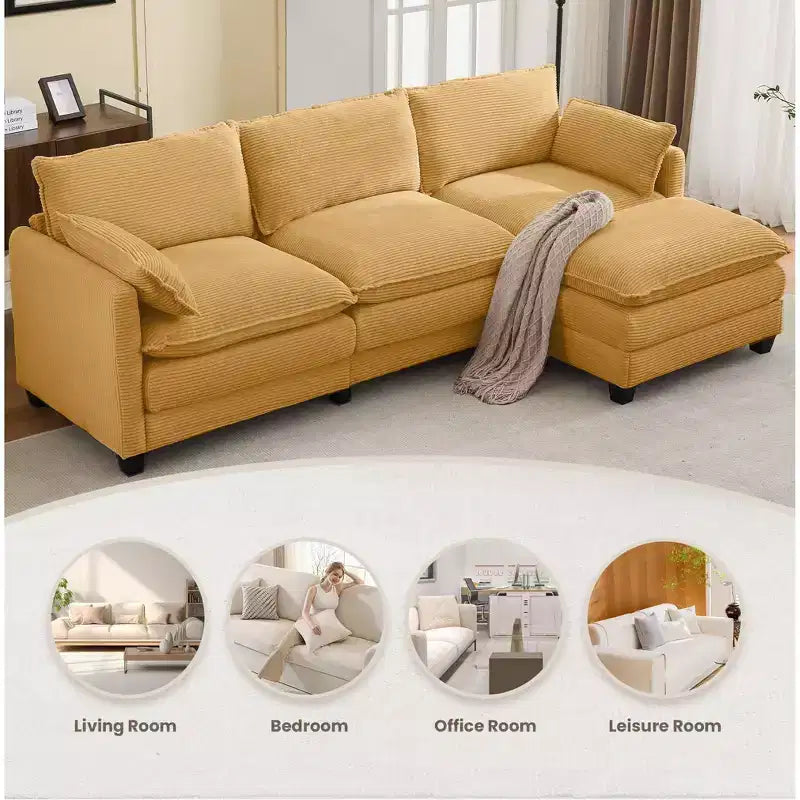 Corduroy L-Shaped Sectional Sofa, 3-Seater Couch with Movable Ottoman, Modular Living Room Furniture for Apartments