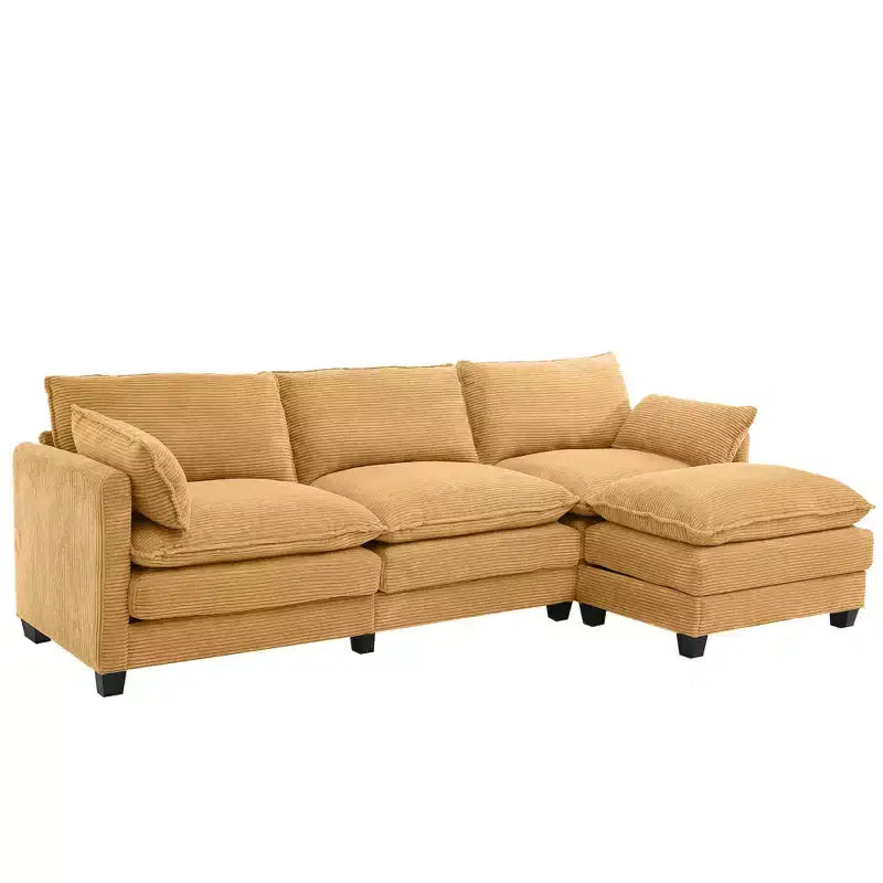 Corduroy L-Shaped Sectional Sofa, 3-Seater Couch with Movable Ottoman, Modular Living Room Furniture for Apartments