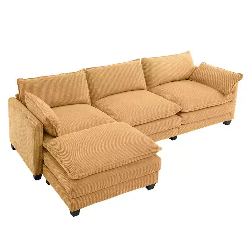 Corduroy L-Shaped Sectional Sofa, 3-Seater Couch with Movable Ottoman, Modular Living Room Furniture for Apartments