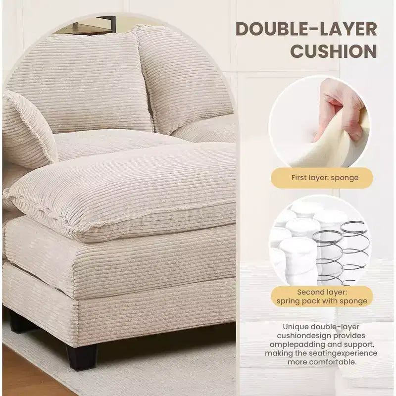 Corduroy L-Shaped Sectional Sofa, 3-Seater Couch with Movable Ottoman, Modular Living Room Furniture for Apartments