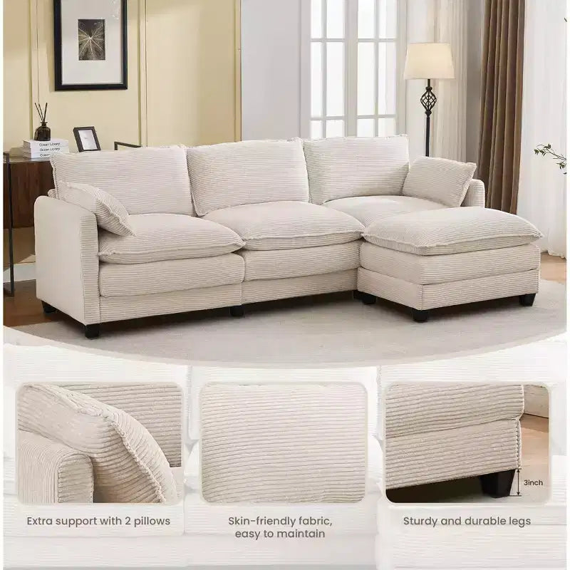 Corduroy L-Shaped Sectional Sofa, 3-Seater Couch with Movable Ottoman, Modular Living Room Furniture for Apartments