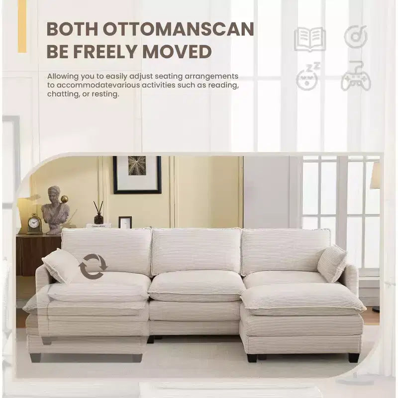 Corduroy L-Shaped Sectional Sofa, 3-Seater Couch with Movable Ottoman, Modular Living Room Furniture for Apartments
