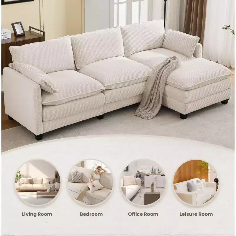 Corduroy L-Shaped Sectional Sofa, 3-Seater Couch with Movable Ottoman, Modular Living Room Furniture for Apartments