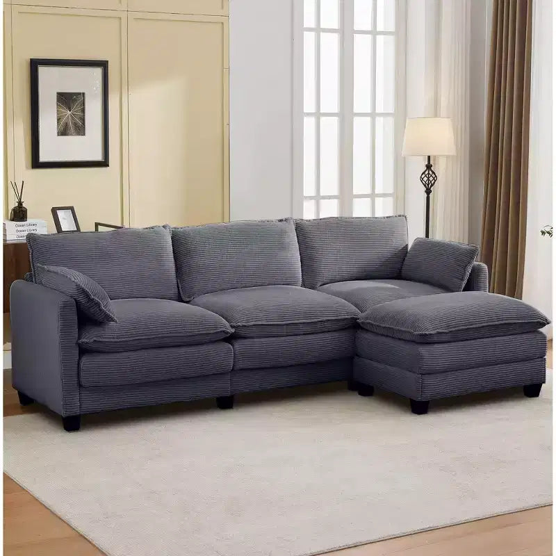 Corduroy L-Shaped Sectional Sofa, 3-Seater Couch with Movable Ottoman, Modular Living Room Furniture for Apartments