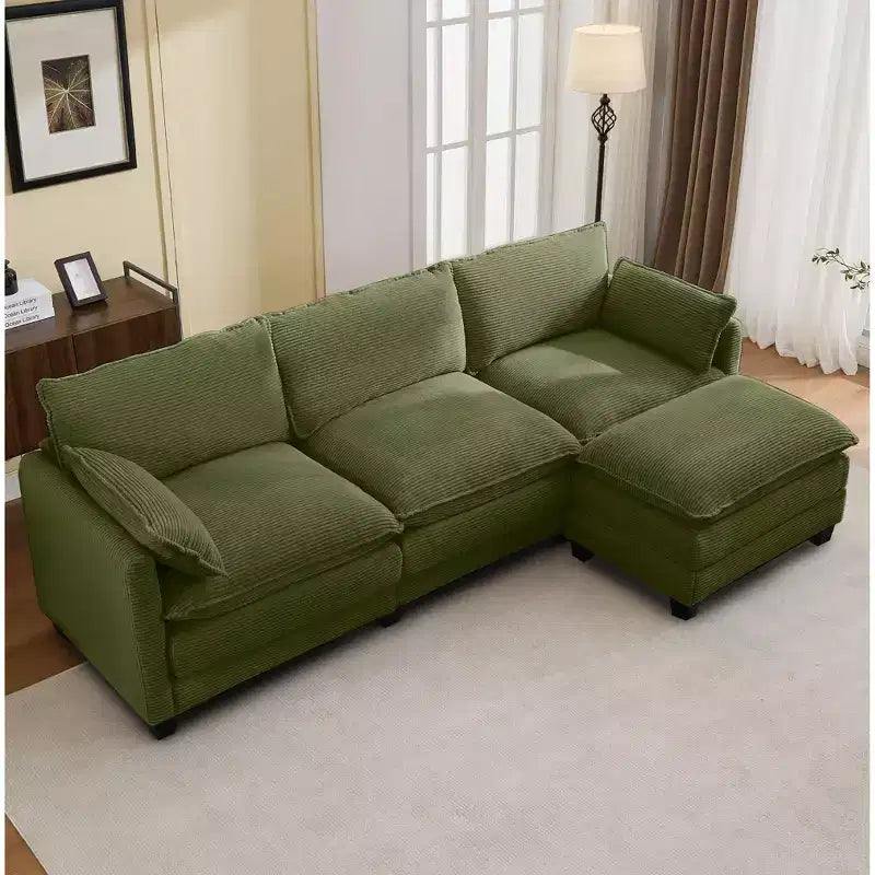 Corduroy L-Shaped Sectional Sofa, 3-Seater Couch with Movable Ottoman, Modular Living Room Furniture for Apartments