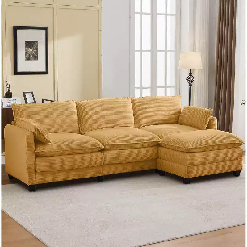 Corduroy L-Shaped Sectional Sofa, 3-Seater Couch with Movable Ottoman, Modular Living Room Furniture for Apartments