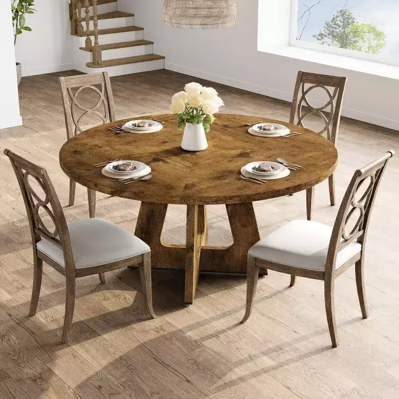 Round Farmhouse Dining Table for 4-6  Wooden Top and Legs, Perfect for Home Dining Room or Living Room