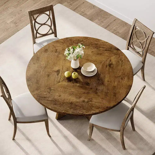 Table à manger ronde de style campagnard pour 4-6 personnes, plateau et pieds en bois, idéale pour la salle à manger ou le salon.