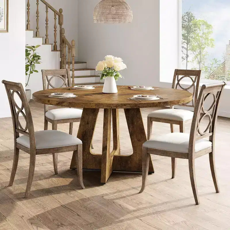 Round Farmhouse Dining Table for 4-6  Wooden Top and Legs, Perfect for Home Dining Room or Living Room