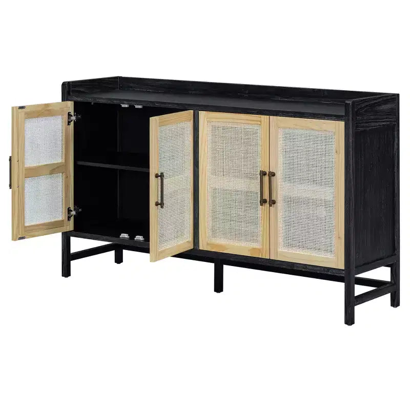 Sideboard Buffet Cabinet with Decorative Rattan Doors, Storage for Dining and Living Room, Black+Natural