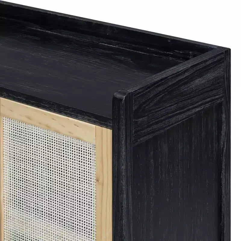 Sideboard Buffet Cabinet with Decorative Rattan Doors, Storage for Dining and Living Room, Black+Natural