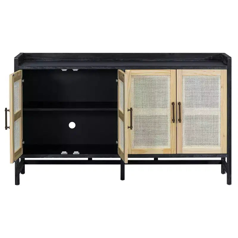 Sideboard Buffet Cabinet with Decorative Rattan Doors, Storage for Dining and Living Room, Black+Natural