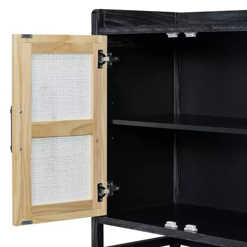 Sideboard Buffet Cabinet with Decorative Rattan Doors, Storage for Dining and Living Room, Black+Natural