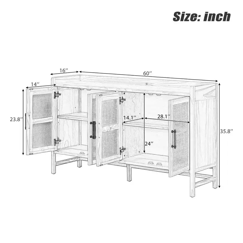 Sideboard Buffet Cabinet with Decorative Rattan Doors, Storage for Dining and Living Room, Black+Natural