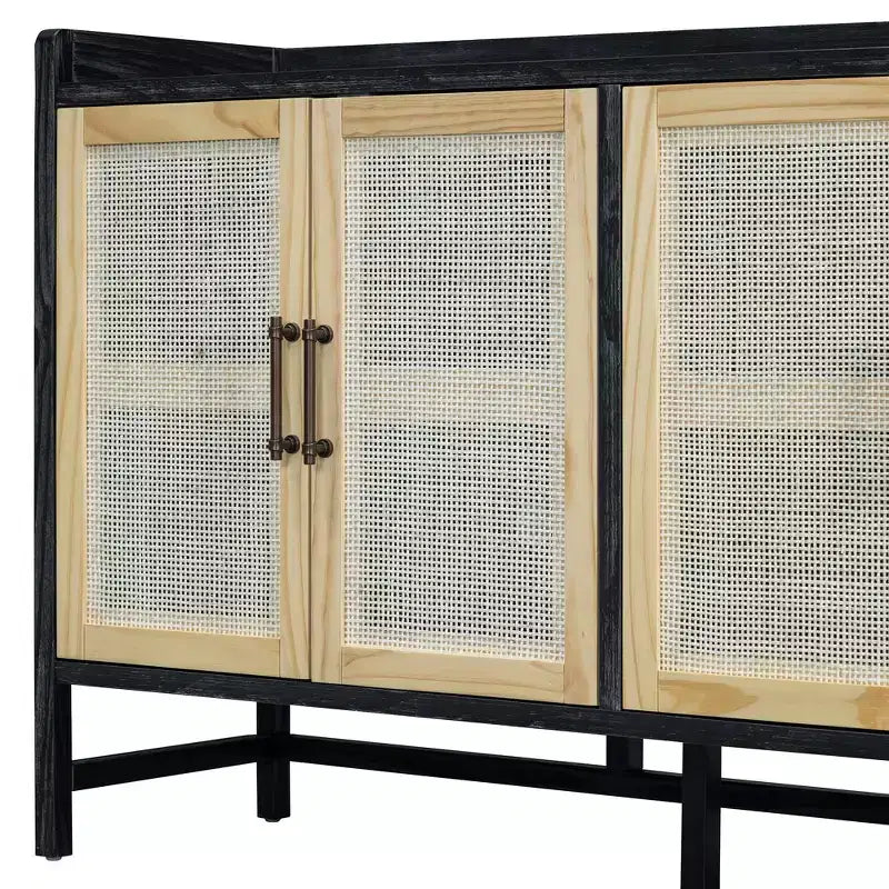 Sideboard Buffet Cabinet with Decorative Rattan Doors, Storage for Dining and Living Room, Black+Natural