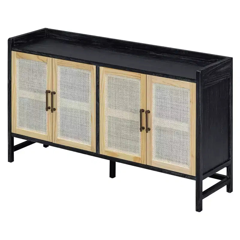 Sideboard Buffet Cabinet with Decorative Rattan Doors, Storage for Dining and Living Room, Black+Natural