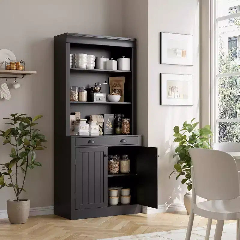70 5-Tier Bookshelf,with Doors & Drawer, Modern Pantry Sideboard with Adjustable Shelf, Wood Storage Cabinet for Living Room, Home Office,Black