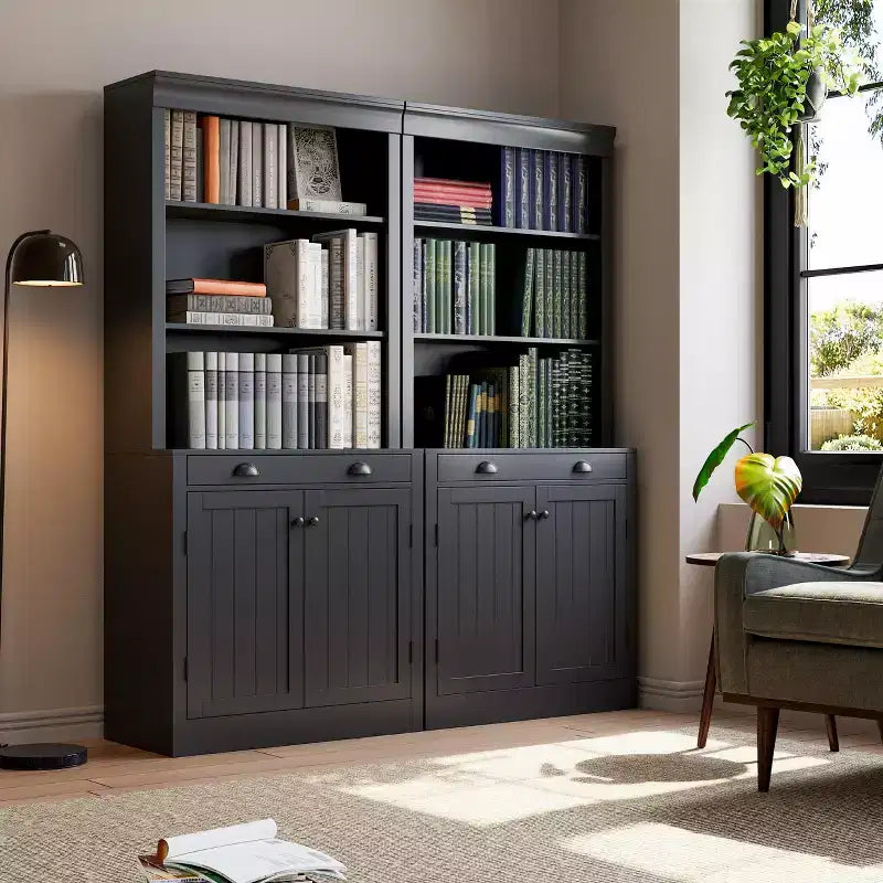 70 5-Tier Bookshelf,with Doors & Drawer, Modern Pantry Sideboard with Adjustable Shelf, Wood Storage Cabinet for Living Room, Home Office,Black