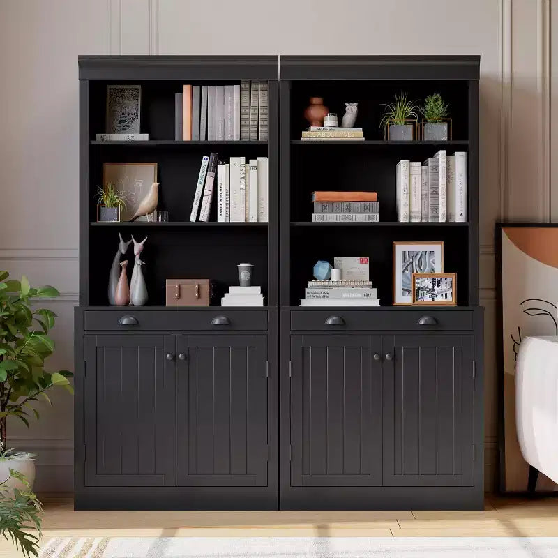 70 5-Tier Bookshelf,with Doors & Drawer, Modern Pantry Sideboard with Adjustable Shelf, Wood Storage Cabinet for Living Room, Home Office,Black