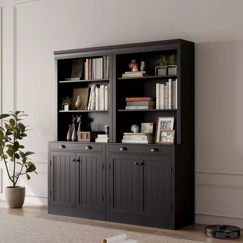 70 5-Tier Bookshelf,with Doors & Drawer, Modern Pantry Sideboard with Adjustable Shelf, Wood Storage Cabinet for Living Room, Home Office,Black