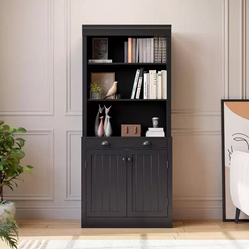 70 5-Tier Bookshelf,with Doors & Drawer, Modern Pantry Sideboard with Adjustable Shelf, Wood Storage Cabinet for Living Room, Home Office,Black