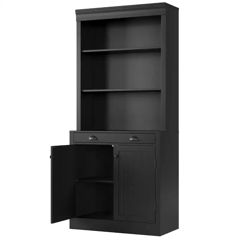 70 5-Tier Bookshelf,with Doors & Drawer, Modern Pantry Sideboard with Adjustable Shelf, Wood Storage Cabinet for Living Room, Home Office,Black