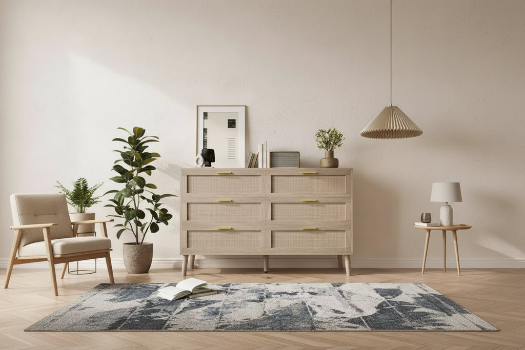 Farmhouse Natural Ratta 6 Drawer Dresser with Gold Metal Handle and 5 Strong Legs for Living Room