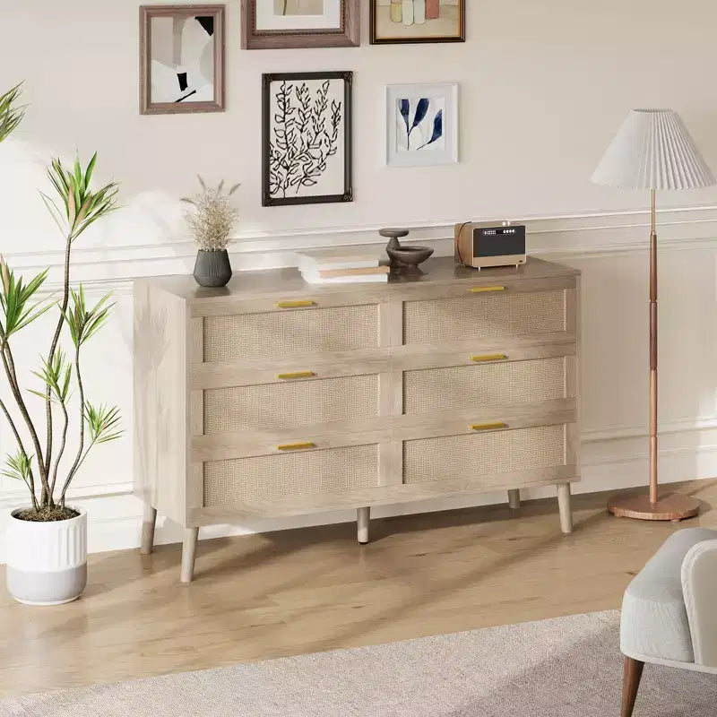 Farmhouse Natural Ratta 6 Drawer Dresser with Gold Metal Handle and 5 Strong Legs for Living Room