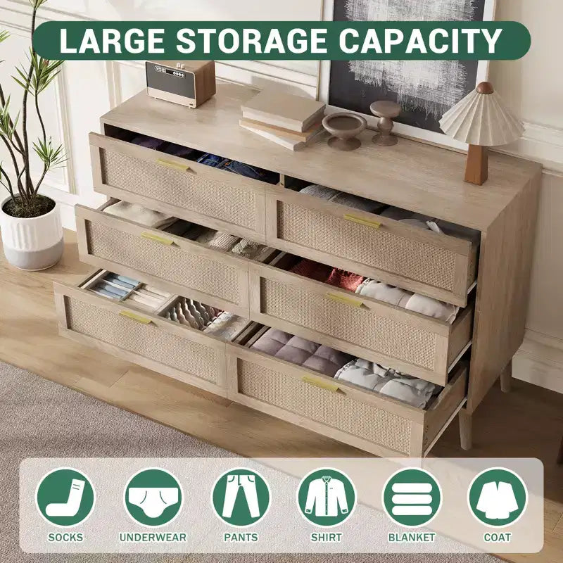 Farmhouse Natural Ratta 6 Drawer Dresser with Gold Metal Handle and 5 Strong Legs for Living Room