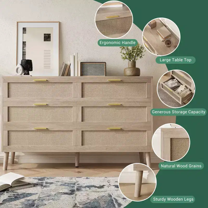 Farmhouse Natural Ratta 6 Drawer Dresser with Gold Metal Handle and 5 Strong Legs for Living Room