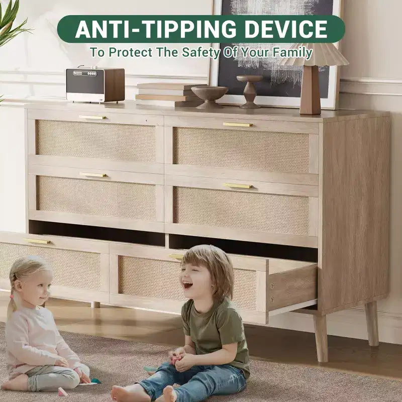 Farmhouse Natural Ratta 6 Drawer Dresser with Gold Metal Handle and 5 Strong Legs for Living Room