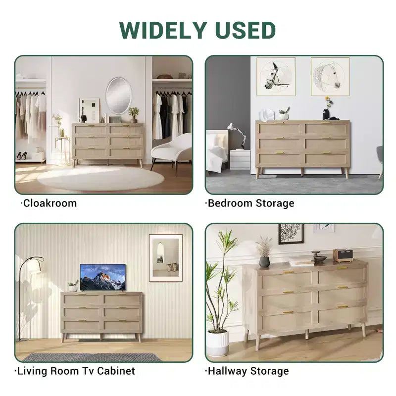 Farmhouse Natural Ratta 6 Drawer Dresser with Gold Metal Handle and 5 Strong Legs for Living Room