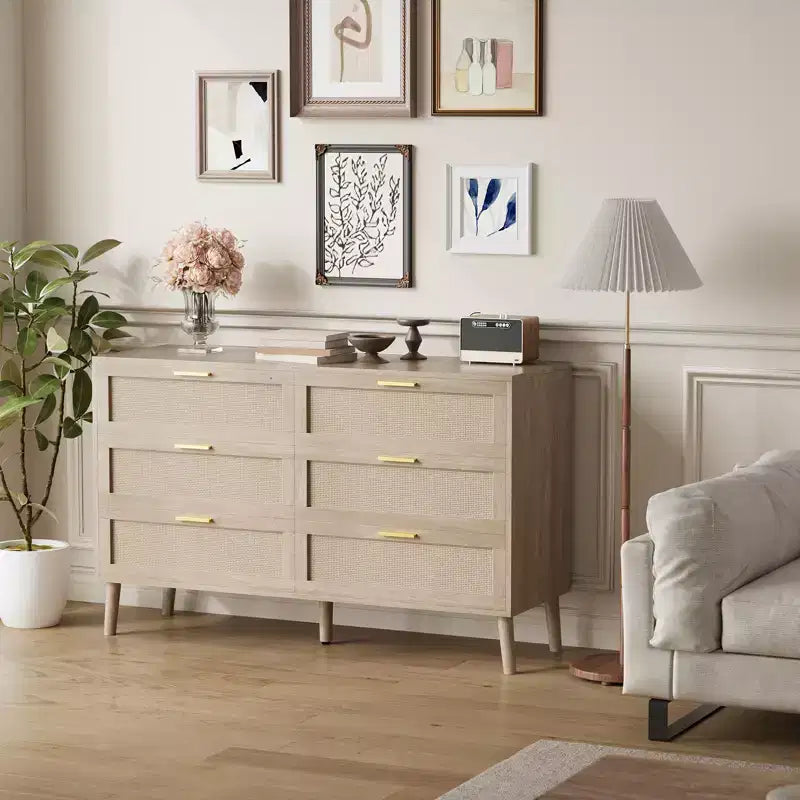 Farmhouse Natural Ratta 6 Drawer Dresser with Gold Metal Handle and 5 Strong Legs for Living Room