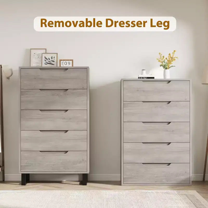 5 Drawer Dresser for Bedroom, 50 Tall Wooden Vertical Chest, Freestanding Storage Cabinet for Living Room, Hallway, Entryway